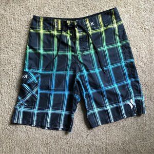 Hurley Men's Cargo Board Shorts, Size 32 x 10.5, Blk/Blue/Yellow Plaid